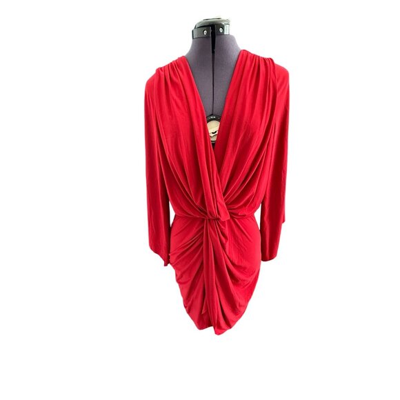 MISA Los Angeles Red Teget Dress Knot Front Bell Sleeves V Neck Draped Ruched‎ S - Picture 2 of 12